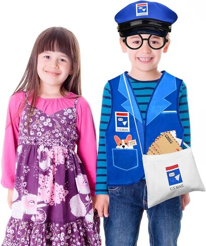 مجموعة أزياء ساعي البريد تتضمن سترة زرقاء وحقيبة قماشية وأظرف ونظارات وقبعة لمستلزمات الهالوين ساعي البريد التنكرية in Kuwait