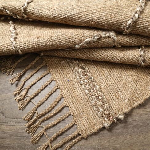 سجادة منطقة Hausattire Jute Boho مقاس 10.16 سم × 15.24 سم - بني طبيعي، سجادة هندسية ماسية كبيرة غير قابلة للانزلاق لغرفة المعيشة والمطبخ وأرضية غرفة النوم | سجاد منسوج لديكور المزرعة - 48 × 72 بوصة in Kuwait