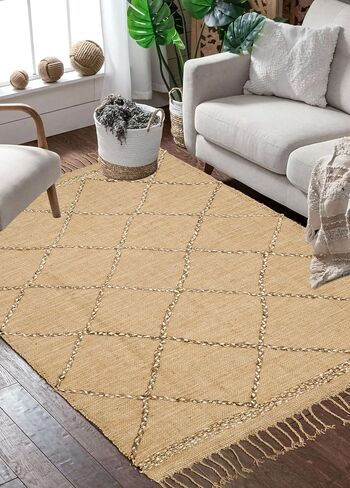 سجادة منطقة Hausattire Jute Boho مقاس 10.16 سم × 15.24 سم - بني طبيعي، سجادة هندسية ماسية كبيرة غير قابلة للانزلاق لغرفة المعيشة والمطبخ وأرضية غرفة النوم | سجاد منسوج لديكور المزرعة - 48 × 72 بوصة in Kuwait