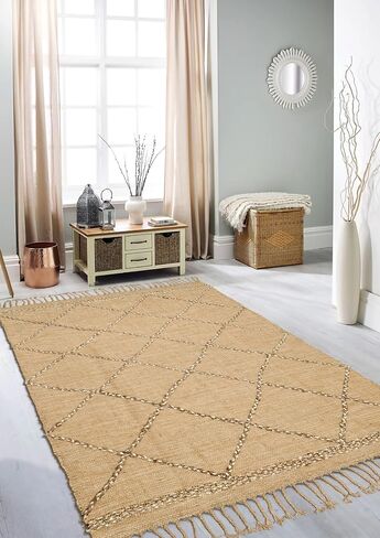 سجادة منطقة Hausattire Jute Boho مقاس 10.16 سم × 15.24 سم - بني طبيعي، سجادة هندسية ماسية كبيرة غير قابلة للانزلاق لغرفة المعيشة والمطبخ وأرضية غرفة النوم | سجاد منسوج لديكور المزرعة - 48 × 72 بوصة in Kuwait