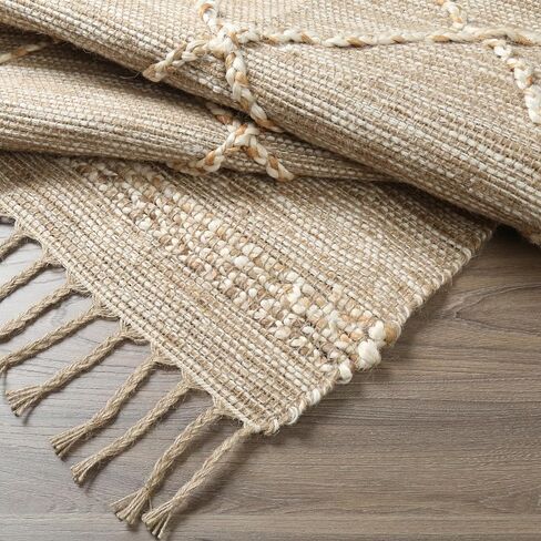 سجادة منطقة Hausattire Jute Boho مقاس 10.16 سم × 15.24 سم - بني طبيعي، سجادة هندسية ماسية كبيرة غير قابلة للانزلاق لغرفة المعيشة والمطبخ وأرضية غرفة النوم | سجاد منسوج لديكور المزرعة - 48 × 72 بوصة in Kuwait