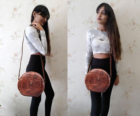 Round Genuine Leather Crossbody Bag Girls Side Sling Cross-Over Handbag in Saudi Arabia