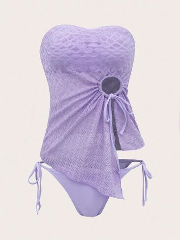 Milumia Women's 3 Piece Ring Linked Drawstring Bandeau Bikini Swimsuits with Cover Up Skirt in Saudi Arabia