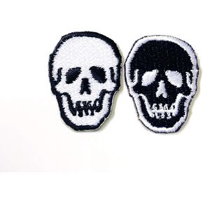 TH Set of 2 Tiny. Mini Black White Skull Skeleton Logo Sew Iron on Embroidered Applique Badge Sign Patch Clothing Costume