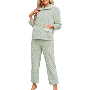 Women's Plush Pajama Set,Soft Warm Fleece Pajama for Women Button-up Sleepwear Lounge Pjs