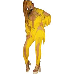 White Black Tassel Jumpsuit Women Fake Print Dancer Spandex Leggings Singer Stage Wear Prom Show Outfit Nightclub Costumes (yellow)