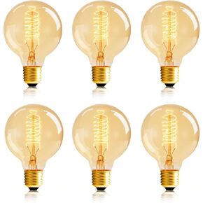 NUODIFAN G25 Globe Edison Bulbs, 6-Pack 60w Vintage Edison Light Bulb, Spiral Filament Edison Bulbs, E26 Base - Amber Glass Warm Light - 120V 2700K Dimmable - G80 Decorative Lightbulbs