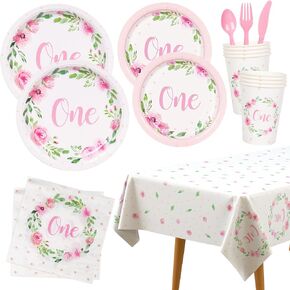 DECORLIFE 113 PCS First Birthday Plates and Napkin Sets for Girl, 1st Birthday Girl Decoration,Include Floral Paper Plates, Tablecloth, Serves 16
