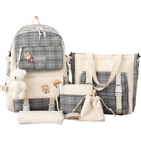 5Pcs Kawaii Canvas School Backpack Combo Set with Pear Pendant Cute Pins Tote Bag Pencil Pouch Plaid Checkered Aesthetic Laptop Schoolbag Daypack Kit Back To School (Green)