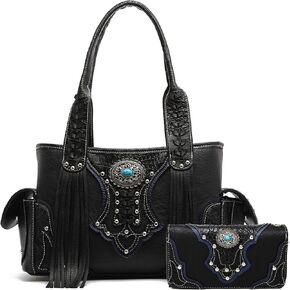 Western Style Cowgirl Woven Fringe Crocodile Gorgeous Purse Conchos Tote Country Women Handbag Shoulder Bags Wallet Set