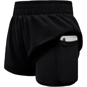Haloumoning Girls Athletic Shorts High Waist Elastic 2 in 1 Running Shorts with Side Pockets 5-14 Years