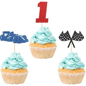 Fase One Cupcake Toppers, Race Car Birthday Cupcake Toppers, 1st Birthday, Baby Shower Party Dessert Decors, Racing Party Decorations 24Pcs Glitter