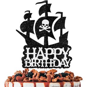 Pirate Cake Topper Happy Birthday Black White Glitter Theme Decor for Kids Nautical Party Decorations Supplies