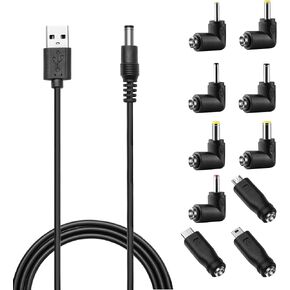DC 5V Power Cord, USB to DC 5.5x2.1mm Plug Charging Cable with 10 Connector Tips(5.5x2.5, 4.8x1.7, 4.0x1.7, 4.0x1.35, 3.5x1.35, 3.0x1.1, 2.5x0.7, Micro USB, Type-C, Mini USB)