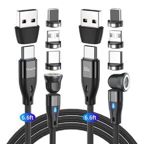 PD 60W USB C Magnetic Charging Cable 2Pack/ 6.6ft, 3A Fast Charging Data Transfer USB C/A to USB C Magnetic Phone Charger Cable /540° Rotating Magnetic Cord for Type C/Micro USB/i-Products