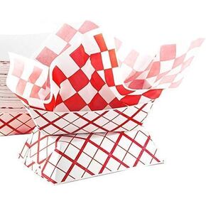 Heavy Duty Grease Resistant 3 Lb Paper Food Tray and Deli Liner 100 Pk. 100-12 x 12 Sandwich Wraps and 100 Durable Coated Paperboard Baskets. Ideal for Festivals Carnivals and Concession Stands.