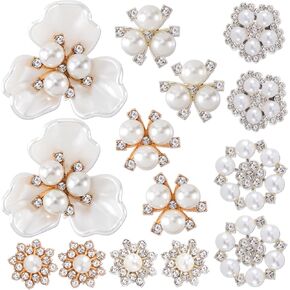 14 PCS Pearl Flower Buttons Vintage Rhinestone Wedding Brooches Crystal Jewelry Embellishments for Women Girls DIY Clothes Shoes Bouquet Craft Decorative