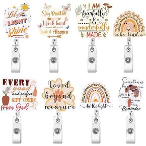 AFRITEE Inspirational Badge Reel Retractable - 8pcs Boho Rainbow Be Kind Let Your Light Shine Bible Verse Clips Id Card Protector Work Badge Holder Reels Alligator Swivel Clip for Nursing Student