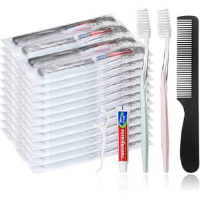 100pcs Disposable Toothbrushes with Toothpaste and Comb Floss Individually Wrapped, 4-in-1 Bulk Toothbrush Kit with 2 Color Toothbrush,10g Toothpaste,7 inch Comb, Floss Pick