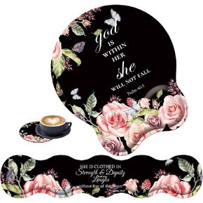 3 in 1 Keyboard Wrist Rest + Mouse Pad and Coaster, Ergonomic Gel Mouse Pad and Keyboard Pad Set, Comfortable Lightweight for Easy Typing Pain Relie, Bible Flower Psalm 46-5