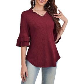 a.Jesdani Womens Plus Size Tops V Neck 3/4 Bell Sleeve Tops Frill Neck Tiered Ruffle Sleeve Shirts Casual Tunic Blouses