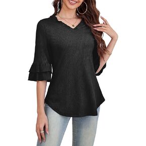 a.Jesdani Womens Plus Size Tops V Neck 3/4 Bell Sleeve Tops Frill Neck Tiered Ruffle Sleeve Shirts Casual Tunic Blouses