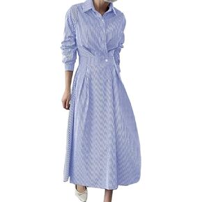 Ladyful Striped Shirt Dress for Womens Casual Long Sleeve Elegant Maxi Dress