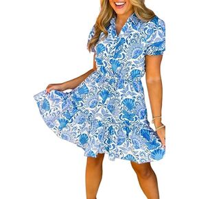 Sky Blue Retro Floral Print Drawstring Waist Ruffled Mini Dress