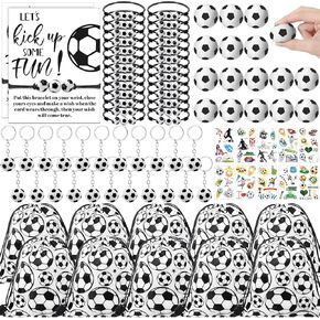 144 Pcs Soccer Party Favors Drawstring Bags with Adjustable Bracelets Stress Balls Keychains Stickers and Wish Cards for Birthday Gifts Kids Soccer Themed Party Supplies