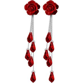 Statement Red Synthetic Coral Flower Tassel 925 Silver Earrings | Boho Fringe Drop Dangle Austrian Crystal Pendant Delicate Creative Design Elegant Series Jewelry for Women