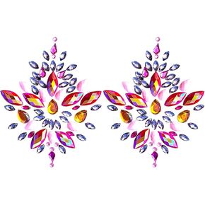 Sexy Pink Snow Flake Rhinestone Pasties - Self-Adhesive, Reusable, Pulls of all in One Sheet, Blue and Clear Crystals & Gems - Great For Raves, Bars, Festivals, Rallies, Cosplay, Concerts, Costumes,