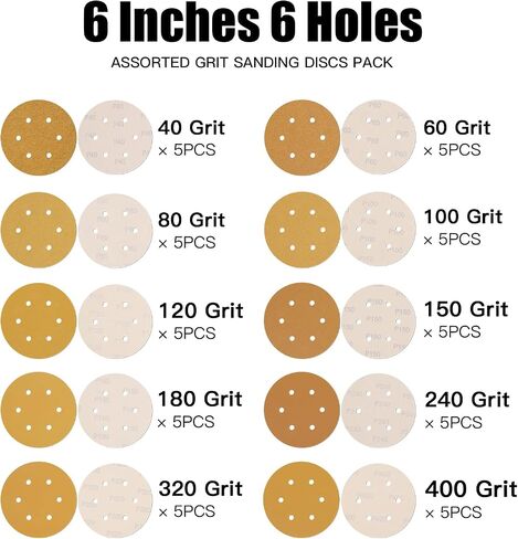 50 Pack 6 Inch Hook and Loop Sanding Discs Orbital Sander Sandpaper - Assorted Grits (40,60,80,100,120,180,240,320,400,600 Grit) - Ideal for Orbital Sanders in Automotive and Woodworking in Saudi Arabia
