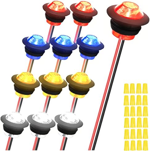 12Pcs 3/4 Inch Round LED Clearance Light,Front Rear Top Marker Indicators Tail Light Waterproof,Bullet Marker Light,4 Color(Red/Bule/White/Yellow) with 24Pcs Wiring cap for Truck Car Bus RV in Saudi Arabia