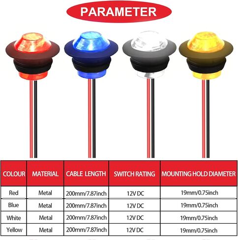 12Pcs 3/4 Inch Round LED Clearance Light,Front Rear Top Marker Indicators Tail Light Waterproof,Bullet Marker Light,4 Color(Red/Bule/White/Yellow) with 24Pcs Wiring cap for Truck Car Bus RV in Saudi Arabia