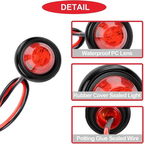 12Pcs 3/4 Inch Round LED Clearance Light,Front Rear Top Marker Indicators Tail Light Waterproof,Bullet Marker Light,4 Color(Red/Bule/White/Yellow) with 24Pcs Wiring cap for Truck Car Bus RV in Saudi Arabia