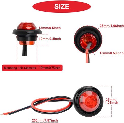 12Pcs 3/4 Inch Round LED Clearance Light,Front Rear Top Marker Indicators Tail Light Waterproof,Bullet Marker Light,4 Color(Red/Bule/White/Yellow) with 24Pcs Wiring cap for Truck Car Bus RV in Saudi Arabia