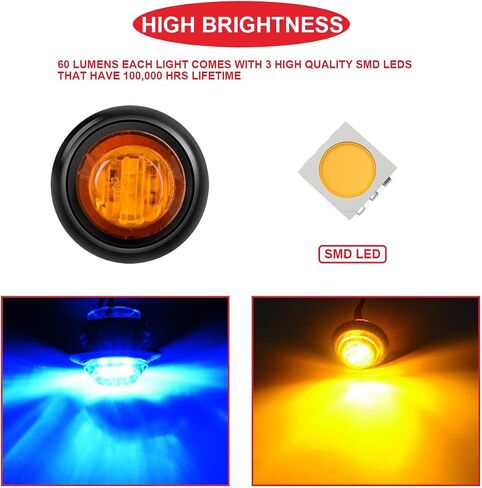 12Pcs 3/4 Inch Round LED Clearance Light,Front Rear Top Marker Indicators Tail Light Waterproof,Bullet Marker Light,4 Color(Red/Bule/White/Yellow) with 24Pcs Wiring cap for Truck Car Bus RV in Saudi Arabia