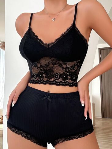 طقم بيجامة نسائي من COZYEASE مكون من قطعتين من القماش الشبكي الشفاف من الدانتيل وسروال قصير من الأمام مع فيونكة مجموعة ملابس للاستلقاء من Pj in Saudi Arabia