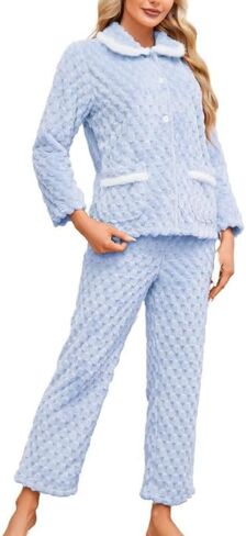 Women's Plush Pajama Set,Soft Warm Fleece Pajama for Women Button-up Sleepwear Lounge Pjs in Saudi Arabia