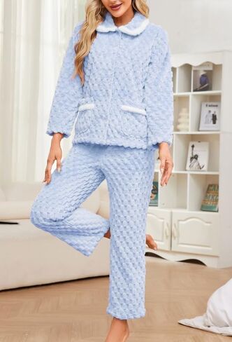 Women's Plush Pajama Set,Soft Warm Fleece Pajama for Women Button-up Sleepwear Lounge Pjs in Saudi Arabia