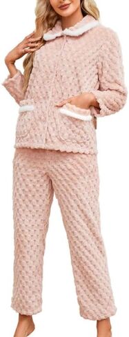 Women's Plush Pajama Set,Soft Warm Fleece Pajama for Women Button-up Sleepwear Lounge Pjs in Saudi Arabia