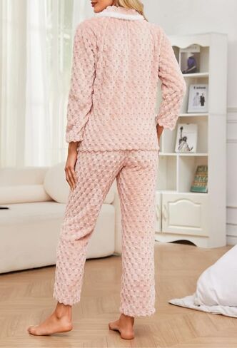 Women's Plush Pajama Set,Soft Warm Fleece Pajama for Women Button-up Sleepwear Lounge Pjs in Saudi Arabia