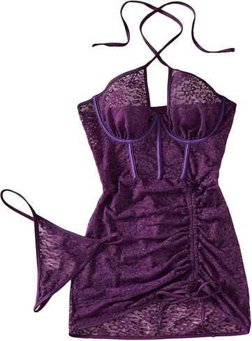Women's Lace Sheer Criss Halter Drawstring Underwire Babydoll Lingerie Dress with Thongs 2 Piece Set in Saudi Arabia