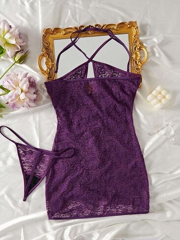 Women's Lace Sheer Criss Halter Drawstring Underwire Babydoll Lingerie Dress with Thongs 2 Piece Set in Saudi Arabia