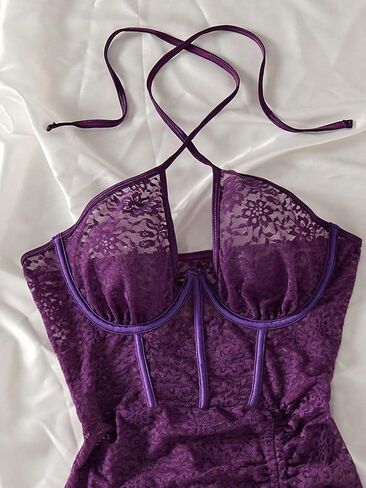 Women's Lace Sheer Criss Halter Drawstring Underwire Babydoll Lingerie Dress with Thongs 2 Piece Set in Saudi Arabia