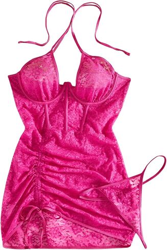 Women's Lace Sheer Criss Halter Drawstring Underwire Babydoll Lingerie Dress with Thongs 2 Piece Set in Saudi Arabia