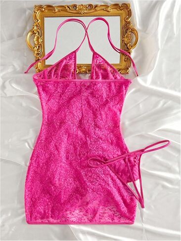 Women's Lace Sheer Criss Halter Drawstring Underwire Babydoll Lingerie Dress with Thongs 2 Piece Set in Saudi Arabia