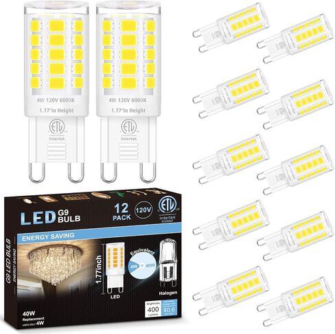 hansang 12 Pack G9 LED Bulb 2700K Soft Warm White, 4W 40 Watt Halogen Equivalent G9 Light Bulbs, Height 1.77 Inch Short T4 G9 Bin-pin Base Chandelier Light Bulbs, 400LM, AC 120V, Non-Dimmable in Saudi Arabia