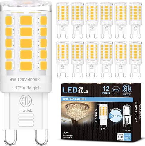 hansang 12 Pack G9 LED Bulb 2700K Soft Warm White, 4W 40 Watt Halogen Equivalent G9 Light Bulbs, Height 1.77 Inch Short T4 G9 Bin-pin Base Chandelier Light Bulbs, 400LM, AC 120V, Non-Dimmable in Saudi Arabia