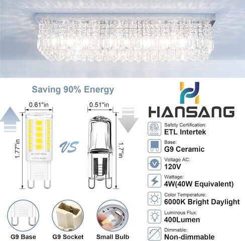 hansang 12 Pack G9 LED Bulb 2700K Soft Warm White, 4W 40 Watt Halogen Equivalent G9 Light Bulbs, Height 1.77 Inch Short T4 G9 Bin-pin Base Chandelier Light Bulbs, 400LM, AC 120V, Non-Dimmable in Saudi Arabia